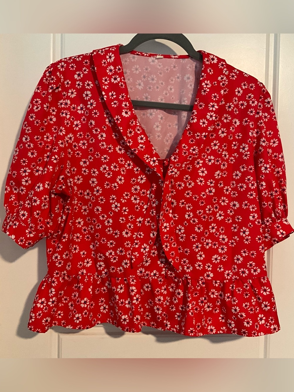 SHEIN Red Floral Peplum Blouse Women Large Tie Front and Puff Sleeve